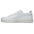 The Asics Japan S Mens Golf Shoes are white low-top sneakers with a lace-up design and subtle stitching at the side and heel, ideal for golfers seeking stylish, spikeless shoes for on or off the course.