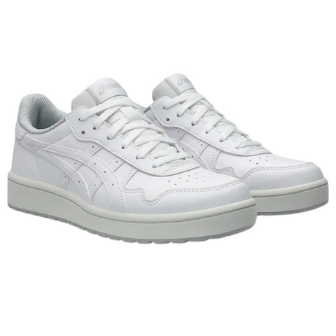 The Asics Japan S Womens Golf Shoes are white low-top sneakers with white laces and soles, accented by a subtle Asics logo. Inspired by retro golf shoes, they offer a clean, minimalist style for sport or casual wear.