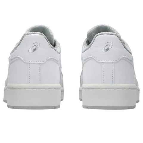 Rear view of Asics Japan S Womens Golf Shoes by Asics, featuring light gray lining and logo on each heel, shown side by side on a white background to highlight their stylish spikeless design for women.