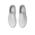 A top view of Asics Japan S Womens Golf Shoes in white, featuring laces, a perforated toe area, and the Asics logo on the insoles—stylish retro golf shoes from Asics for women—set against a plain white background.