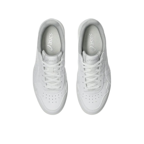 A top view of Asics Japan S Womens Golf Shoes in white, featuring laces, a perforated toe area, and the Asics logo on the insoles—stylish retro golf shoes from Asics for women—set against a plain white background.