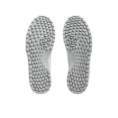 A pair of Asics Japan S Womens Golf Shoes in light gray are shown side by side on a white background, featuring hexagonal tread patterns and circular designs near the center of the soles.