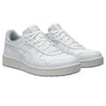 The Asics Japan S Women's Golf Shoes are white low-top sneakers with white laces and soles, accented by a subtle Asics logo.