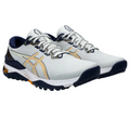 The Asics Men's Gel Kayano Ace 2 Wide Golf Shoes in light gray and navy, featuring yellow accents, white laces, and a rugged black outsole, are shown side by side on a white background.