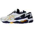 A pair of Asics Men's Gel Kayano Ace 2 Wide Golf Shoes in white and navy with yellow accents, ASICS logo on the side, dark outsoles, visible gel cushioning in the heel, and a comfortable wide fit.