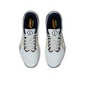 Top view of Asics Men's Gel Kayano Ace 2 Wide Golf Shoes in white with navy and gold accents, white laces, black inner lining, shown on a plain white background.