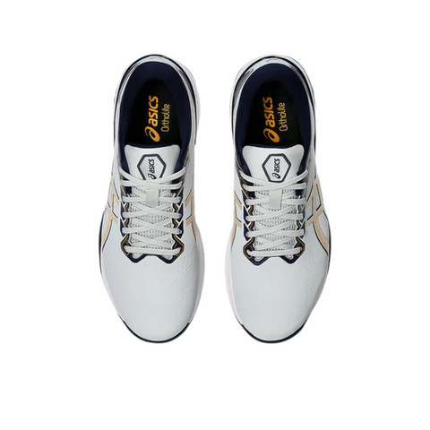 Top view of Asics Men's Gel Kayano Ace 2 Wide Golf Shoes in white with navy and gold accents, white laces, black inner lining, shown on a plain white background.
