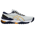 The Asics Men’s Gel Kayano Ace 2 Wide Golf Shoes feature a light gray and navy design with gold accents, a white midsole, black outsole, visible heel cushioning, wide fit, and the Asics logo on the side.