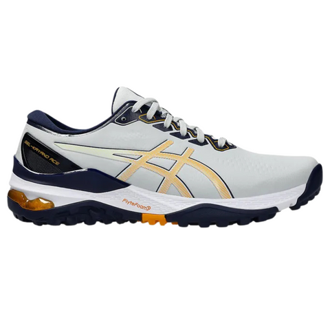 The Asics Men’s Gel Kayano Ace 2 Wide Golf Shoes feature a light gray and navy design with gold accents, a white midsole, black outsole, visible heel cushioning, wide fit, and the Asics logo on the side.