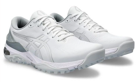 Pair of the Asics Womens Gel Kayano Ace Golf Shoes - White/Pure Silver sitting side by side 