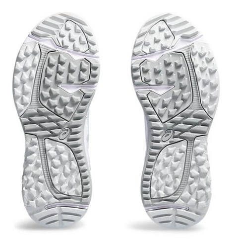 Sole view of the Asics Womens Gel Kayano Ace Golf Shoes - White/Pure Silver pair 