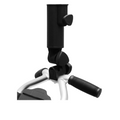 A close-up view of the Axglo Adjustable Umbrella Holder by Axglo, a black universal attachment mounted on mobility scooter or wheelchair handlebars with visible handlebar grips and scooter frame.