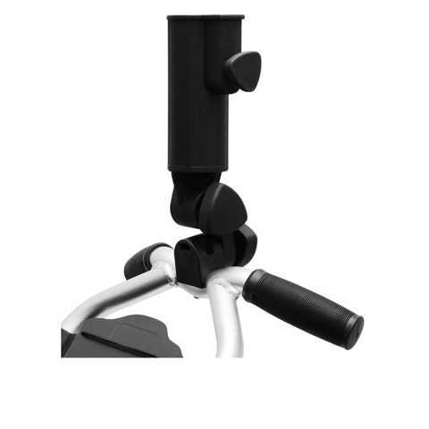 A close-up view of the Axglo Adjustable Umbrella Holder by Axglo, a black universal attachment mounted on mobility scooter or wheelchair handlebars with visible handlebar grips and scooter frame.