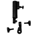 Axglo Adjustable Umbrella Holder by Axglo, shown on a white background with all mounting hardware visible: three screws and two main bracket pieces, made of black plastic and metal, displayed separated from above.