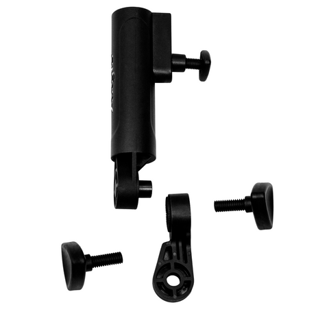 Axglo Adjustable Umbrella Holder by Axglo, shown on a white background with all mounting hardware visible: three screws and two main bracket pieces, made of black plastic and metal, displayed separated from above.