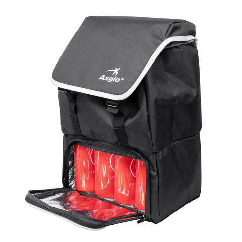 The Axglo Cooler Bag, a black insulated backpack by Axglo, has an open front compartment holding several red soda cans—ideal for carrying and keeping beverages cold wherever you go.