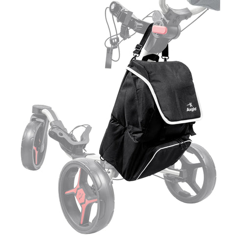 The Axglo Cooler Bag by Axglo, featuring a black design with a flap and white trim, is attached to the handle of a golf push cart, providing insulated drink storage on the course.