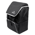The Axglo Cooler Bag is a black insulated backpack with white trim, a zippered front pocket, and the Axglo brand name and logo on the front flap. It stands upright against a white background.