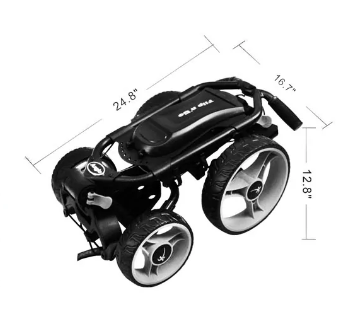 Top view of the Axglo Flip n Go Golf Trundler in Black, folded compactly with dimensions of 24.8 inches in length, 16.7 inches in width, and 12.8 inches in height. The 'Flip n Go' logo is visible on the top panel, showcasing its efficient storage design.