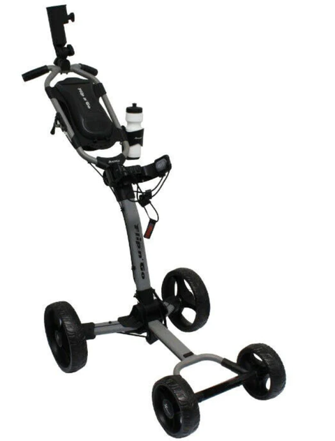 Side view of the Axglo Flip n Go Golf Trundler in Nardo Grey and Black, fully extended with a visible 'Flip n Go' logo on the top panel, equipped with a water bottle holder and smartphone mount, highlighting its sturdy frame.