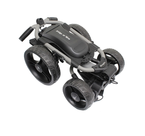 A folded Axglo Flip n’ Go Golf Trundler in black and gray, featuring four large wheels and a one-step folding design for easy storage or transport.