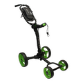 The Axglo Flip n' Go Golf Trundler by Axglo is a black/green four-wheel push cart featuring a handle, storage compartment, handle brake, and one-step folding for easy transport.