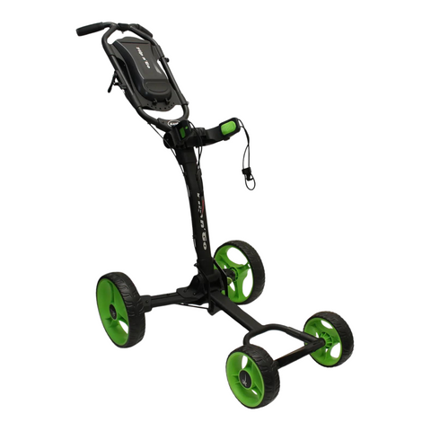 The Axglo Flip n' Go Golf Trundler by Axglo is a black/green four-wheel push cart featuring a handle, storage compartment, handle brake, and one-step folding for easy transport.