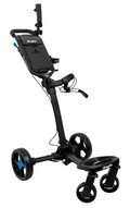 The black/blue Axglo Flip n' Go Pro Golf Trundler by Axglo features four wheels, a handle, adjustable brackets, and a storage compartment. Shown on a white background with “Axglo” branding.