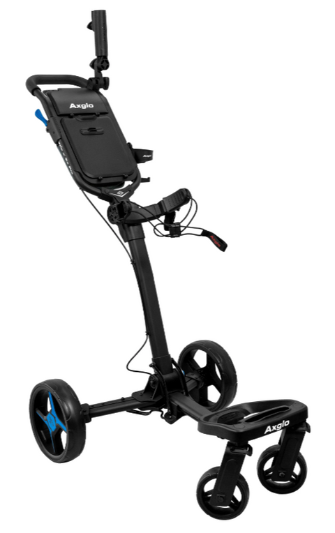 The black/blue Axglo Flip n' Go Pro Golf Trundler by Axglo features four wheels, a handle, adjustable brackets, and a storage compartment. Shown on a white background with “Axglo” branding.