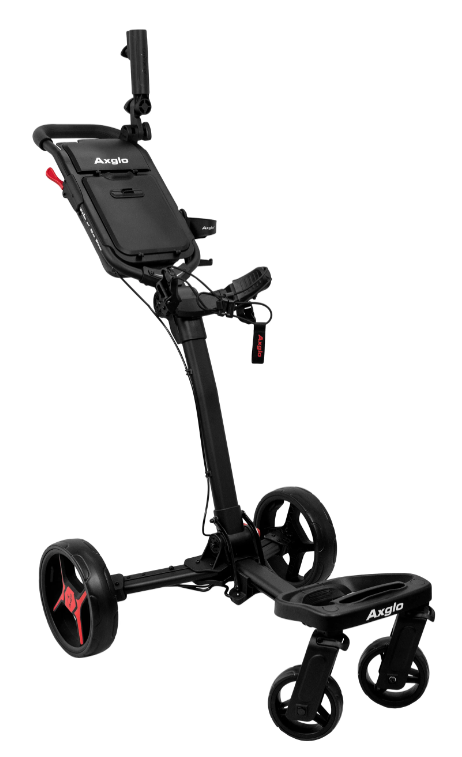 The Axglo Flip n' Go Pro Golf Trundler in Black/Red, featuring three wheels, a handlebar, and a storage compartment, is displayed on a white background.