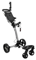 The Axglo Flip n' Go Pro Golf Trundler by Axglo, shown upright and ready to use, features a grey/grey design with three wheels, a handle, and an accessory holder for premium push performance.