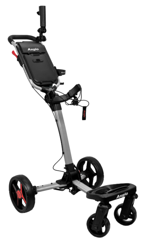 A grey and red Axglo Flip n' Go Pro Golf Trundler with three wheels, a handle, and an accessory holder stands upright on a white background.