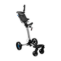 The Axglo Flip n' Go Pro Golf Trundler features three wheels, a sturdy grey/blue frame, ergonomic handle, foot brake, and built-in storage compartment—perfect for golfers wanting convenience on the course.