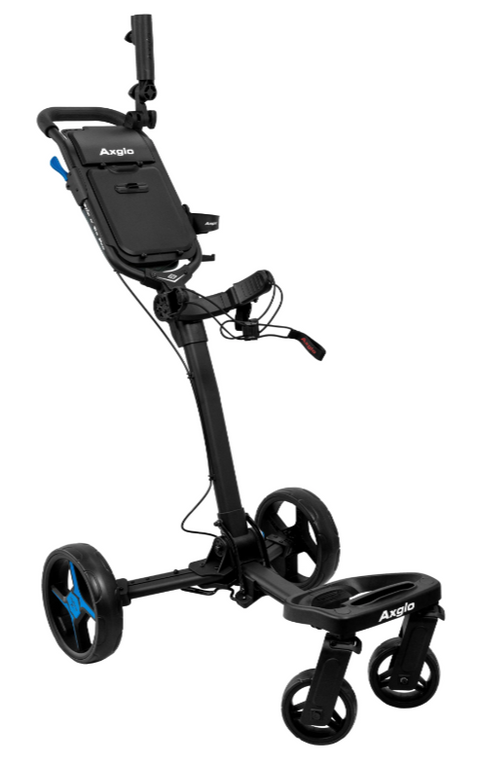 Black and blue Axglo Flip N Go Pro Golf Trundler, extended, with 'Axglo' logo on top panel and lower frame, front side view. Blue accents on wheel spokes and handle grip