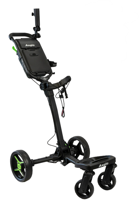 Black and green Axglo Flip N Go Pro Golf Trundler, extended, with 'Axglo' logo on top panel and lower frame. Green accents on wheel spokes and handle grip.