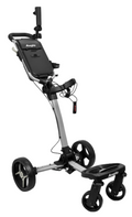 Black and grey Axglo Flip N Go Pro Golf Trundler, extended, with 'Axglo' logo on top panel and lower frame. Grey frame with black and grey accents on wheel spokes and handle grip.