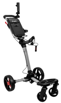 Grey and red Axglo Flip N Go Pro Golf Trundler, extended, with 'Axglo' logo on top panel. Grey frame with red accents on wheel spokes and handle.