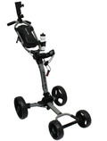 Side view of the Axglo Flip n Go Golf Trundler in Nardo Grey and Black, fully extended with a visible 'Flip n Go' logo on the top panel, equipped with a water bottle holder and smartphone mount, highlighting its sturdy frame.