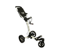 The Axglo Tri-360 V2 Golf Trundler by Axglo is a lightweight white/grey three-wheeled cart with a 360° swivel front wheel, sturdy frame, handle, and storage compartment—ideal for carrying your golf bag on the course.