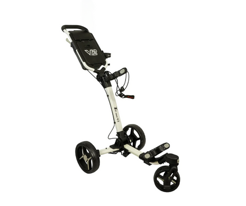 The Axglo Tri-360 V2 Golf Trundler by Axglo is a lightweight white/grey three-wheeled cart with a 360° swivel front wheel, sturdy frame, handle, and storage compartment—ideal for carrying your golf bag on the course.