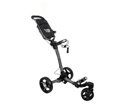 The Axglo Tri-360 V2 Golf Trundler by Axglo is shown in grey on a white background. Featuring a 360° swivel front wheel, ergonomic handle, scorecard holder, and foot brake, it delivers lightweight and smooth maneuverability on the course.