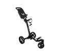 The Axglo Tri-360 V2 Golf Trundler in Black/Grey, by Axglo, is shown on a white background. It features a sturdy frame, storage compartment, 360° swivel front wheel, handle, and a foot brake near the rear wheels.