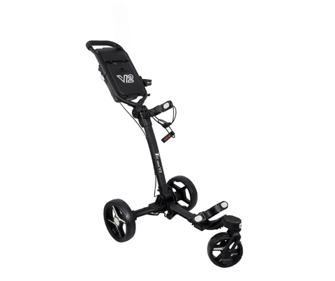 The Axglo Tri-360 V2 Golf Trundler in Black/Grey, by Axglo, is shown on a white background. It features a sturdy frame, storage compartment, 360° swivel front wheel, handle, and a foot brake near the rear wheels.