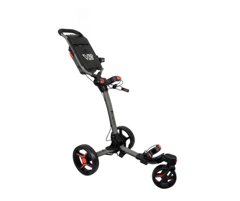 The Axglo Tri-360 V2 Golf Trundler by Axglo features a foldable, three-wheel design with a 360° swivel front wheel for easy maneuvering. It comes in Grey/Red and includes a handle and storage compartment for added convenience on the course.