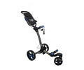 The Axglo Tri-360 V2 Golf Trundler by Axglo in grey/blue features a 360° swivel front wheel, large rear wheels, storage compartment, and convenient handle—perfect for easy transport of your golf bag.