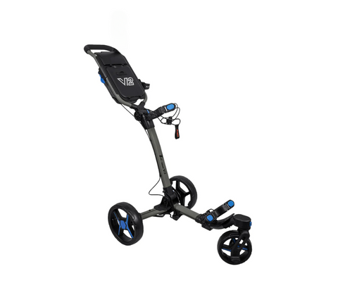 The Axglo Tri-360 V2 Golf Trundler by Axglo in grey/blue features a 360° swivel front wheel, large rear wheels, storage compartment, and convenient handle—perfect for easy transport of your golf bag.