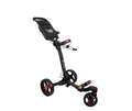 The Axglo Tri-360 V2 Golf Trundler by Axglo, in Black/Red, features a handlebar, storage compartment, adjustable golf bag brackets, and a 360° swivel front wheel for easy maneuvering.