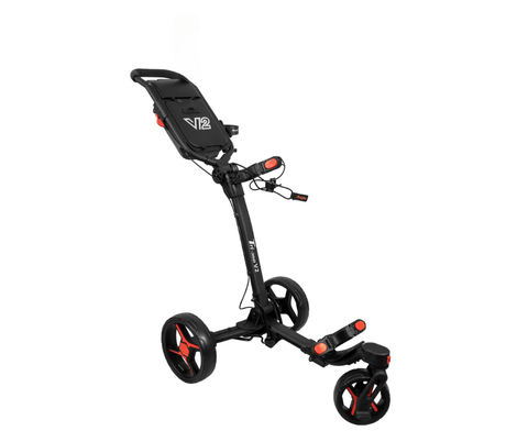 The Axglo Tri-360 V2 Golf Trundler by Axglo, in Black/Red, features a handlebar, storage compartment, adjustable golf bag brackets, and a 360° swivel front wheel for easy maneuvering.