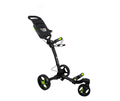 A black/green Axglo Tri-360 V2 Golf Trundler by Axglo, featuring a 360° swivel front wheel, handlebar, and storage compartment, is shown isolated on a white background.