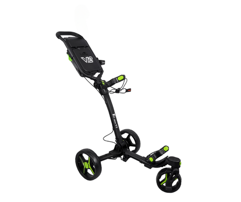 A black/green Axglo Tri-360 V2 Golf Trundler by Axglo, featuring a 360° swivel front wheel, handlebar, and storage compartment, is shown isolated on a white background.